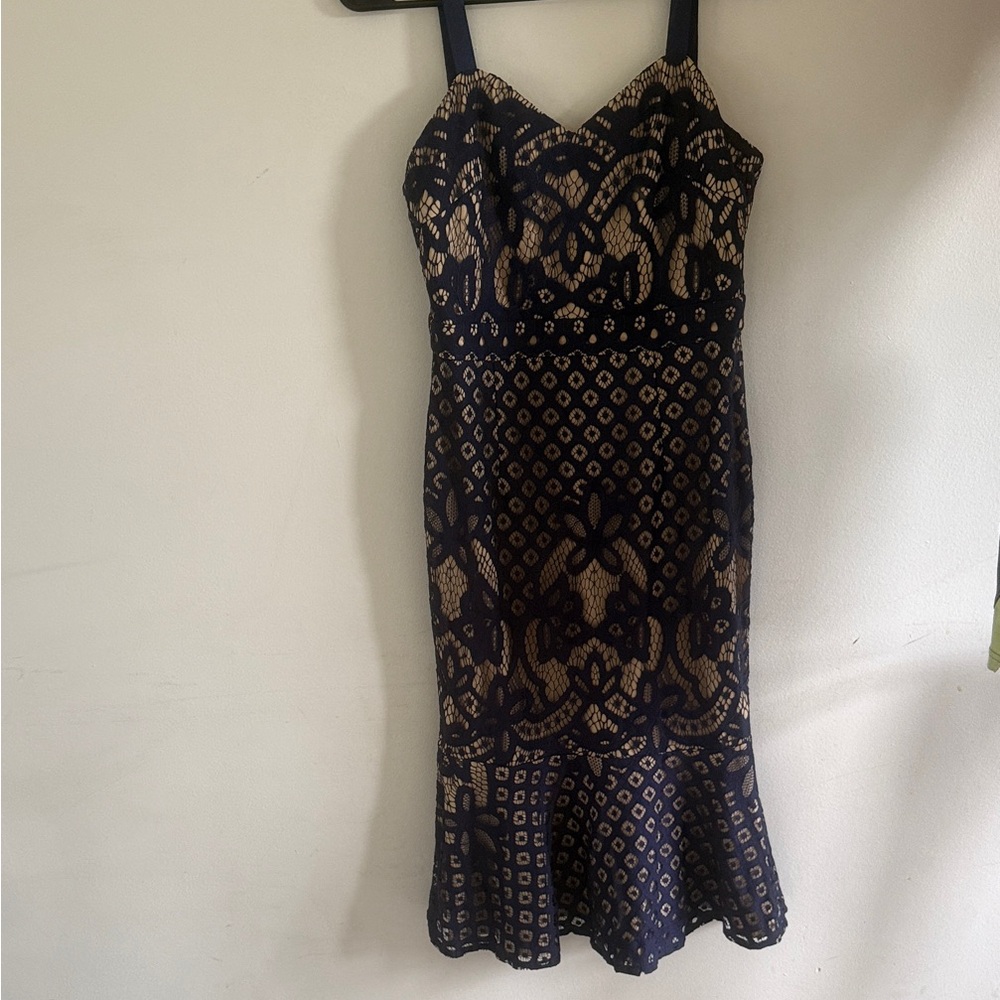 Navy and Gold Lace-Overlay Midi Dress